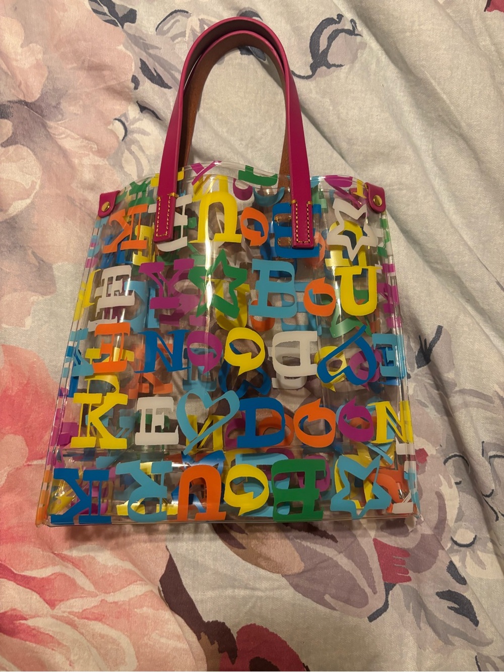 Clear Multicolor Letter Tote Bag with Pink Handles